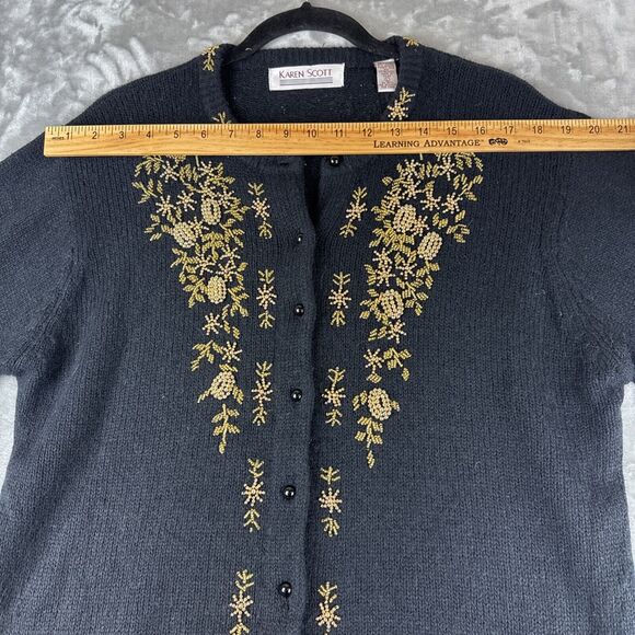 Karen Scott Silk Angora Cardigan Sweater Womens L Black Gold Bead Holiday (1052) - Picture 9 of 11
